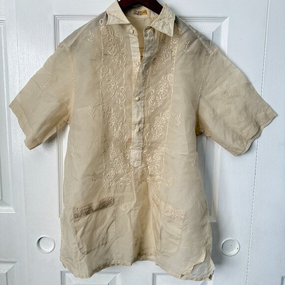 Barong Tagalog Piñas Pineapple Fibers Filipino Short-Sleeve Shirt Men's Small - Picture 1 of 4
